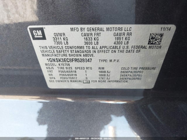 46005125 :رقم المزاد ، 1GNSK3EC8FR528047 vin ، 2015 Chevrolet Tahoe Commercial Fleet مزاد بيع