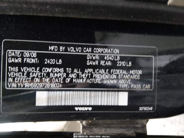 46005130 :رقم المزاد ، YV1RH592972618024 vin ، 2007 Volvo S60 2.5t مزاد بيع