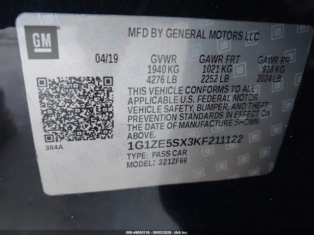 2019 Chevrolet Malibu Premier მანქანა იყიდება აუქციონზე, vin: 1G1ZE5SX3KF211122, აუქციონის ნომერი: 46005135