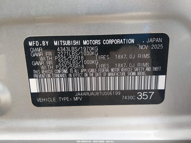 Auction sale of the 2026 Mitsubishi Outlander Sport 2.0 Es/2.0 Le/2.0 Ralliart/2.0 S/2.0 Se/2.0 Trail Edition, vin: JA4ARUAU8TU006199, lot number: 46005143