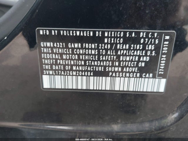 2016 Volkswagen Jetta 1.8t Sel მანქანა იყიდება აუქციონზე, vin: 3VWL17AJ2GM204684, აუქციონის ნომერი: 46005147