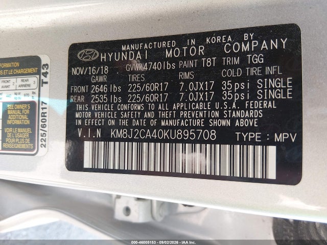 Aukcja sprzedaży 2019 Hyundai Tucson Se, vin: KM8J2CA40KU895708, numer aukcji: 46005153
