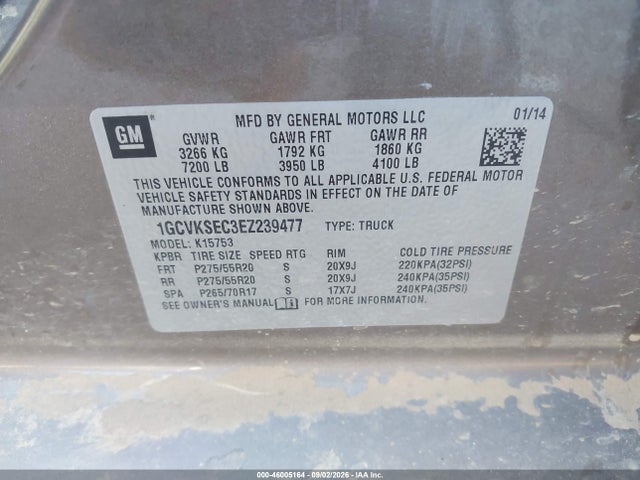 46005164 :رقم المزاد ، 1GCVKSEC3EZ239477 vin ، 2014 Chevrolet Silverado 1500 Ltz مزاد بيع