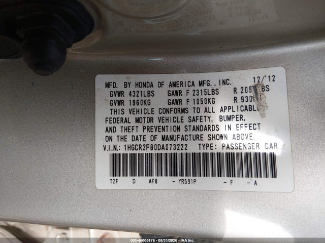 2013 Honda Accord Ex-l მანქანა იყიდება აუქციონზე, vin: 1HGCR2F80DA073222, აუქციონის ნომერი: 46005176