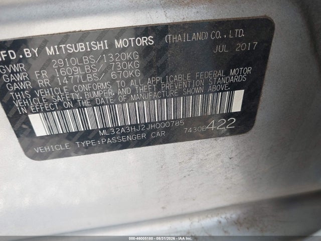 Продаж на аукціоні авто 2018 Mitsubishi Mirage Es, vin: ML32A3HJ2JH000785, номер лоту: 46005180