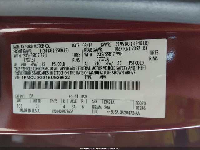46005200 :رقم المزاد ، 1FMCU9G91EUE36622 vin ، 2014 Ford Escape Se مزاد بيع