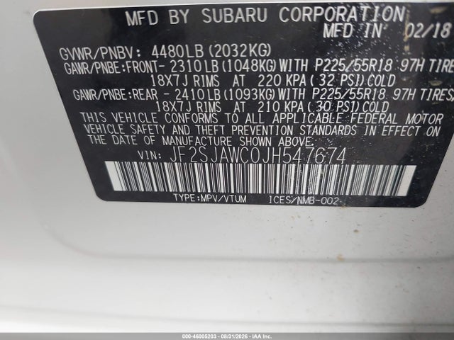 2018 Subaru Forester 2.5i Touring მანქანა იყიდება აუქციონზე, vin: JF2SJAWC0JH547674, აუქციონის ნომერი: 46005203