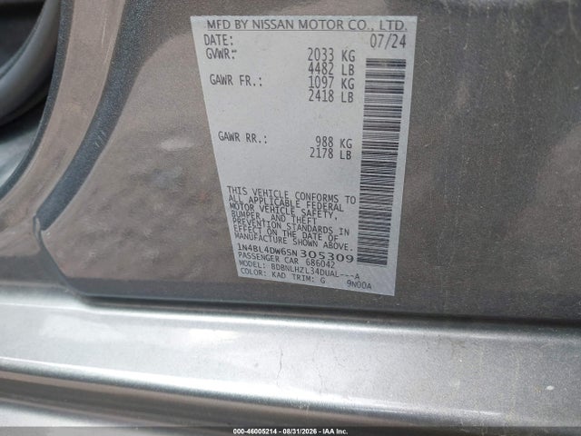 2025 Nissan Altima Sv Awd მანქანა იყიდება აუქციონზე, vin: 1N4BL4DW6SN305309, აუქციონის ნომერი: 46005214