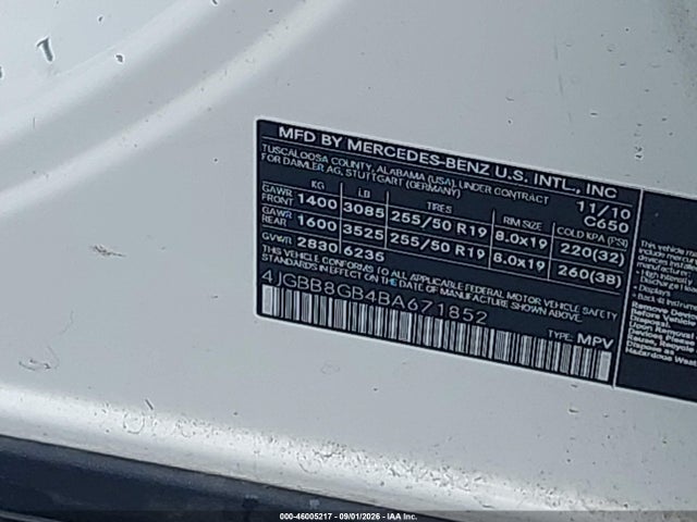Продажа на аукционе авто 2011 Mercedes-benz Ml 350 4matic, vin: 4JGBB8GB4BA671852, номер лота: 46005217