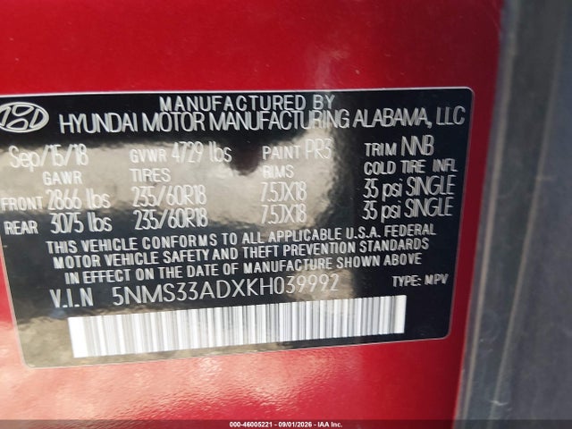 Aukcja sprzedaży 2019 Hyundai Santa Fe Sel Plus, vin: 5NMS33ADXKH039992, numer aukcji: 46005221