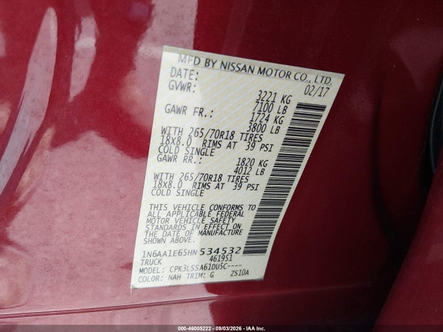 Aukcja sprzedaży 2017 Nissan Titan Sv, vin: 1N6AA1E65HN534532, numer aukcji: 46005222