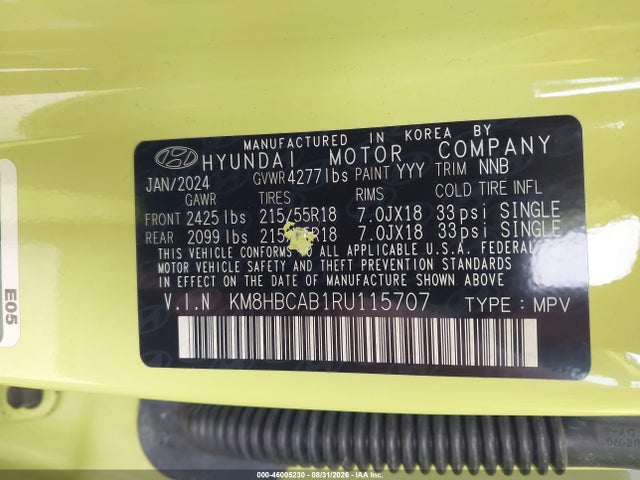 Aukcja sprzedaży 2024 Hyundai Kona Sel, vin: KM8HBCAB1RU115707, numer aukcji: 46005230