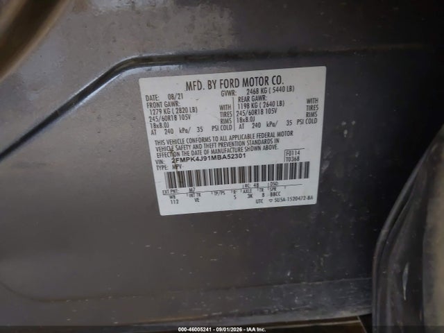 46005241 :رقم المزاد ، 2FMPK4J91MBA52301 vin ، 2021 Ford Edge Sel مزاد بيع