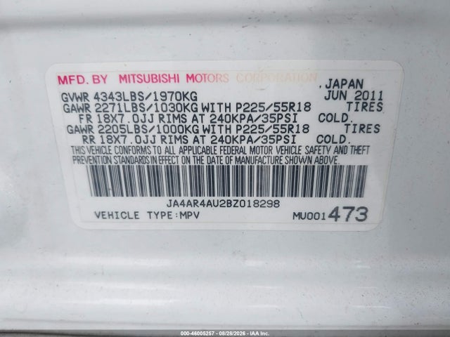 2011 Mitsubishi Outlander Sport Se მანქანა იყიდება აუქციონზე, vin: JA4AR4AU2BZ018298, აუქციონის ნომერი: 46005257