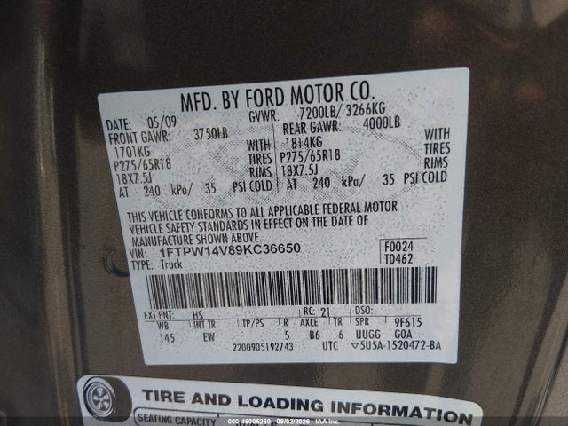 Продажа на аукционе авто 2009 Ford F-150 Fx4/king Ranch/lariat/platinum/xl/xlt, vin: 1FTPW14V89KC36650, номер лота: 46005260
