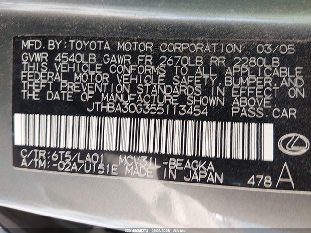 Aukcja sprzedaży 2005 Lexus Es 330, vin: JTHBA30G355113454, numer aukcji: 46005274