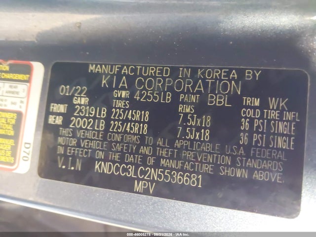 46005278 :رقم المزاد ، KNDCC3LC2N5536681 vin ، 2022 Kia Niro Touring Se مزاد بيع
