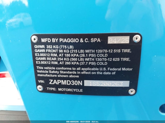 Aukcja sprzedaży 2025 Vespa Gts 310, vin: ZAPMD30N1S5200263, numer aukcji: 46005286