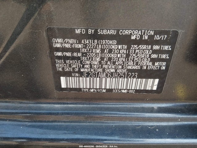 46005298 :رقم المزاد ، JF2GTAMC6JH251223 vin ، 2018 Subaru Crosstrek 2.0i Limited مزاد بيع