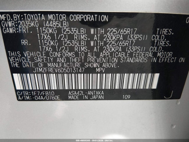Aukcja sprzedaży 2013 Toyota Rav4 Le, vin: JTMZFREV6D5013147, numer aukcji: 46005300
