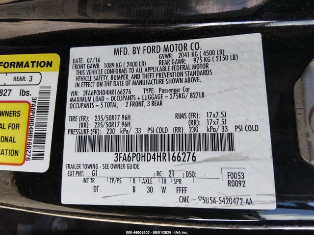 Ford FUSION SE 2017 3FA6P0HD4HR166276 Image 9