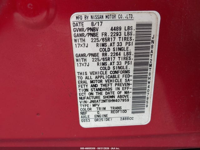 Nissan ROGUE SV 2017 JN8AT2MT8HW407959 Image 9