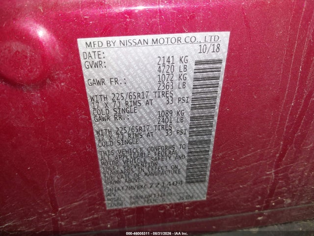 46005311 :رقم المزاد ، 5N1AT2MV8KC721404 vin ، 2019 Nissan Rogue Sv مزاد بيع