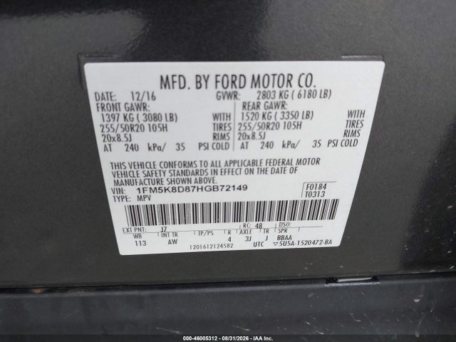 Продаж на аукціоні авто 2017 Ford Explorer Xlt, vin: 1FM5K8D87HGB72149, номер лоту: 46005312