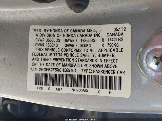 2012 Honda Civic Lx მანქანა იყიდება აუქციონზე, vin: 2HGFB2F5XCH569104, აუქციონის ნომერი: 46005318