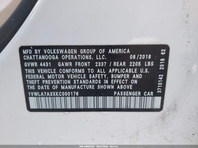 46005320 :رقم المزاد ، 1VWLA7A3XKC000176 vin ، 2019 Volkswagen Passat 2.0t Wolfsburg Edition مزاد بيع