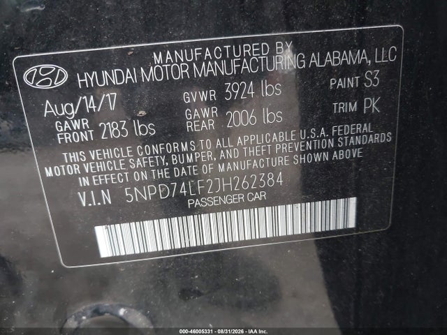 Продажа на аукционе авто 2018 Hyundai Elantra Se, vin: 5NPD74LF2JH262384, номер лота: 46005331