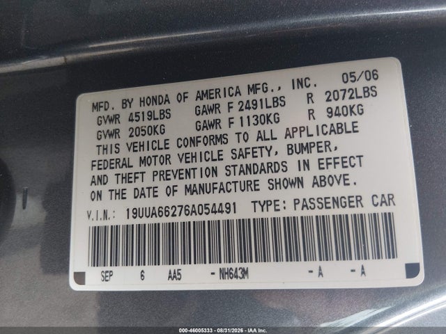 Продажа на аукционе авто 2006 Acura Tl, vin: 19UUA66276A054491, номер лота: 46005333
