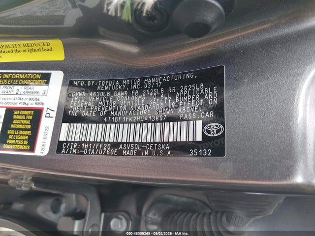 2017 Toyota Camry Se მანქანა იყიდება აუქციონზე, vin: 4T1BF1FK2HU413897, აუქციონის ნომერი: 46005345