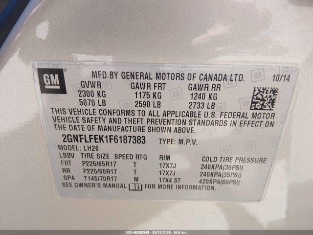 Aukcja sprzedaży 2015 Chevrolet Equinox 1lt, vin: 2GNFLFEK1F6187383, numer aukcji: 46005349