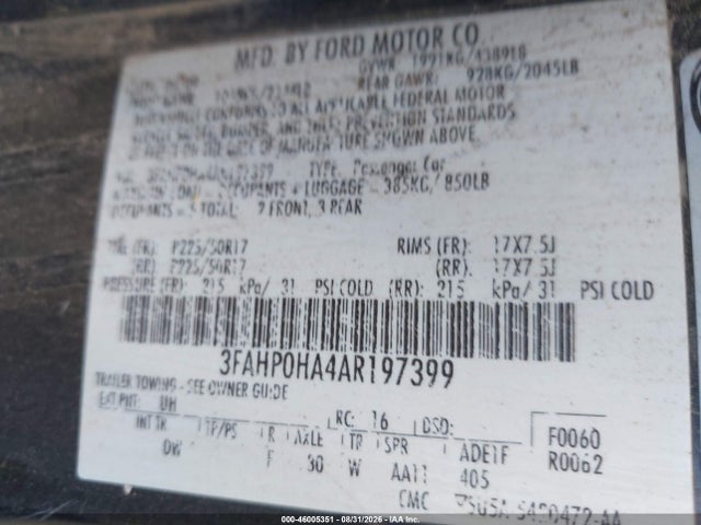 46005351 :رقم المزاد ، 3FAHP0HA4AR197399 vin ، 2010 Ford Fusion Se مزاد بيع