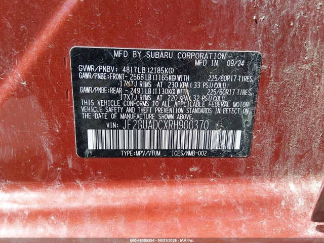 Aukcja sprzedaży 2024 Subaru Crosstrek Premium, vin: JF2GUADCXRH900370, numer aukcji: 46005354