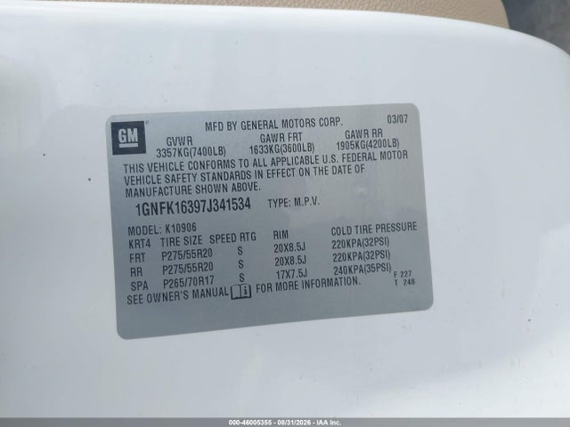 Продажа на аукционе авто 2007 Chevrolet Suburban 1500 Lt, vin: 1GNFK16397J341534, номер лота: 46005355