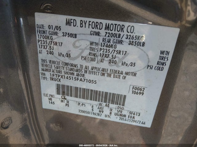 Aukcja sprzedaży 2005 Ford F-150 Fx4/lariat/xl/xlt, vin: 1FTPX14515FA71055, numer aukcji: 46005372