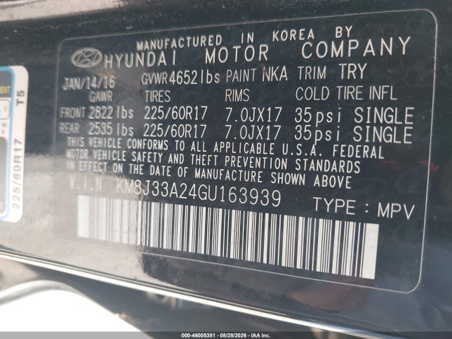 Продажа на аукционе авто 2016 Hyundai Tucson Eco, vin: KM8J33A24GU163939, номер лота: 46005381