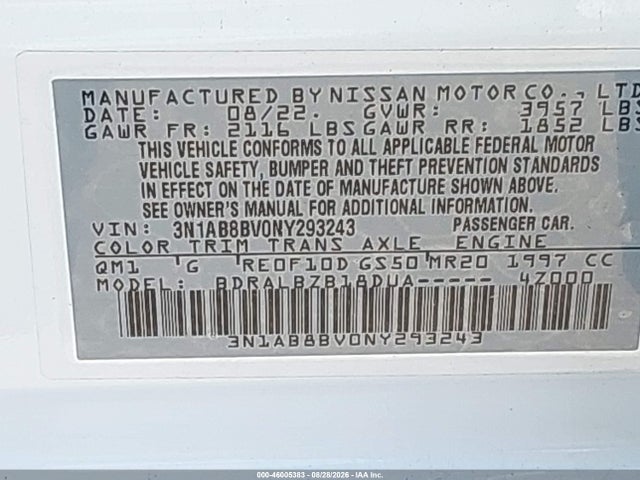 Nissan Sentra S Xtronic Cvt 2022 3N1AB8BV0NY293243 Image 17