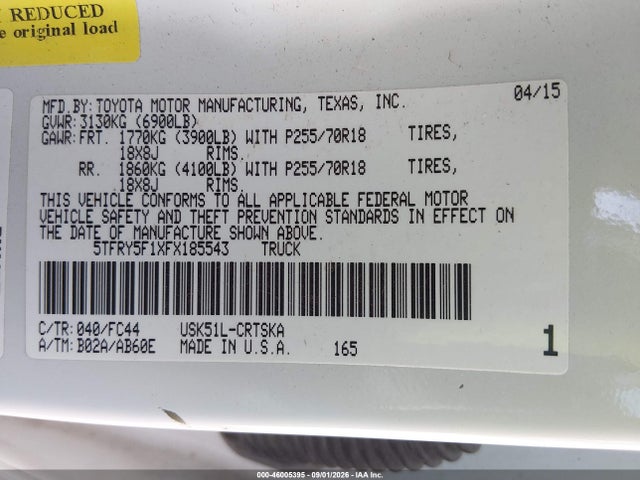 46005395 :رقم المزاد ، 5TFRY5F1XFX185543 vin ، 2015 Toyota Tundra Sr5 5.7l V8 مزاد بيع