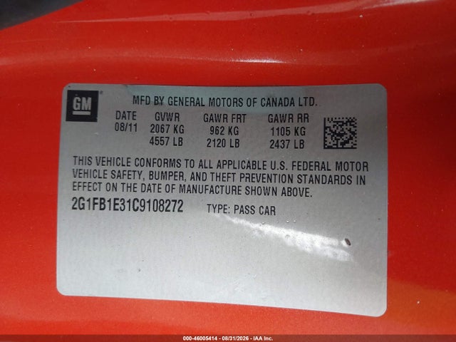 46005414 :رقم المزاد ، 2G1FB1E31C9108272 vin ، 2012 Chevrolet Camaro 1lt مزاد بيع