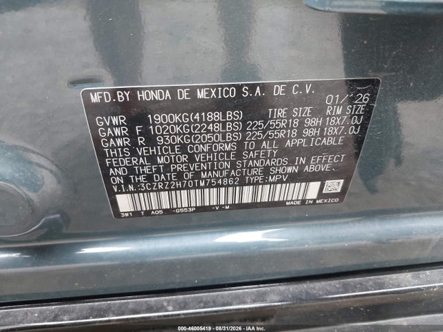 Aukcja sprzedaży 2026 Honda Hr-v Awd Ex-l, vin: 3CZRZ2H70TM754862, numer aukcji: 46005419