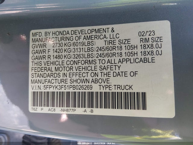 Продаж на аукціоні авто 2023 Honda Ridgeline Rtl, vin: 5FPYK3F51PB026269, номер лоту: 46005422