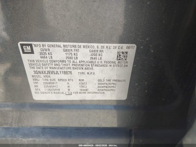 Aukcja sprzedaży 2018 Chevrolet Equinox Lt, vin: 3GNAXJEV9JL118876, numer aukcji: 46005428