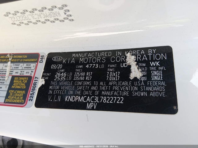 Aukcja sprzedaży 2020 Kia Sportage Lx, vin: KNDPMCAC3L7822722, numer aukcji: 46005432