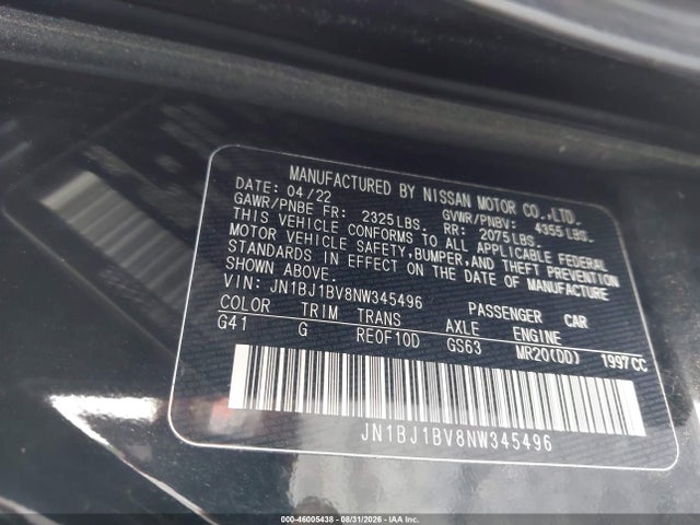Продажа на аукционе авто 2022 Nissan Rogue Sport Sv Fwd Xtronic Cvt, vin: JN1BJ1BV8NW345496, номер лота: 46005438