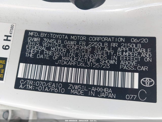 Продажа на аукционе авто 2020 Toyota Prius Xle, vin: JTDKARFU6L3125723, номер лота: 46005439