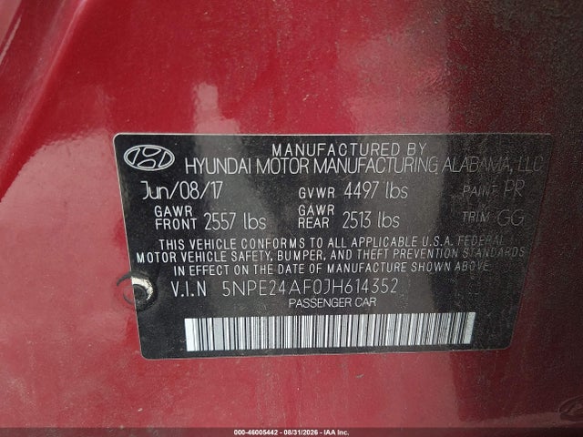 46005442 :رقم المزاد ، 5NPE24AF0JH614352 vin ، 2018 Hyundai Sonata Se مزاد بيع