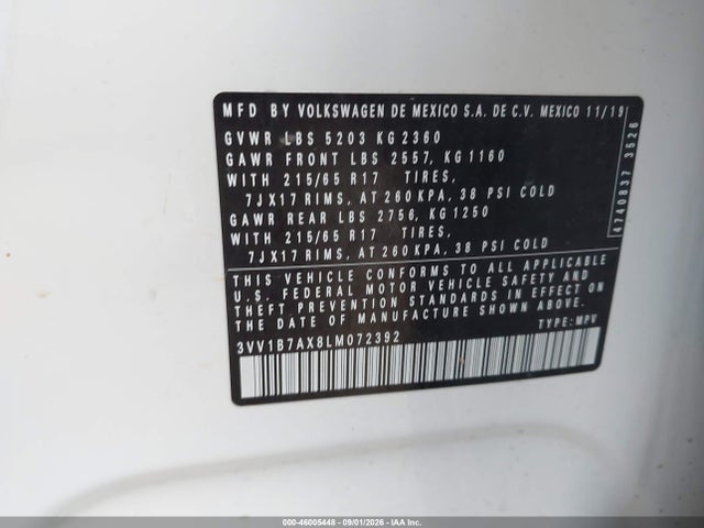 46005448 :رقم المزاد ، 3VV1B7AX8LM072392 vin ، 2020 Volkswagen Tiguan 2.0t S مزاد بيع